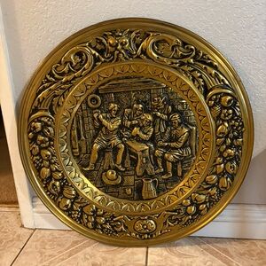 Vintage Brass Large Embossed Wall Plaque England Festival Pub Decor Village MCM